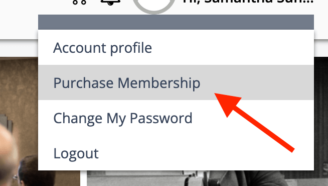 A screenshot of a menu on IRE's member dashboard with the "Purchase Membership" option highlighted.